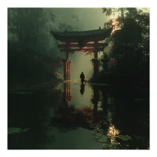 Póster Puerta Torii Brumosa Figura Solitaria al Amanecer