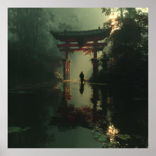 Póster Puerta Torii Brumosa Figura Solitaria al Amanecer