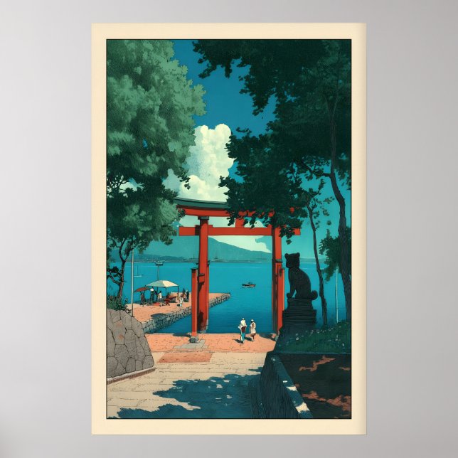 Póster Puerta Torii Costera Estilo Hasui Kawase, Azul (Frente)