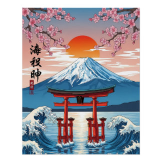Póster Puerta Torii en el Amanecer del Monte Fuji