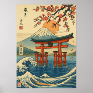 Póster Puerta Torii Japonesa y Monte Fuji con olas