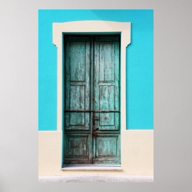 Póster PUERTA verde azulada DE MADERA CERRADA (Frente)