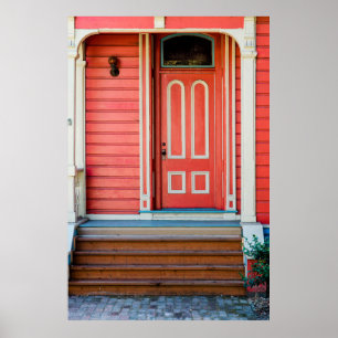 Póster Puerta y porche de madera pintada de rojo tradicio