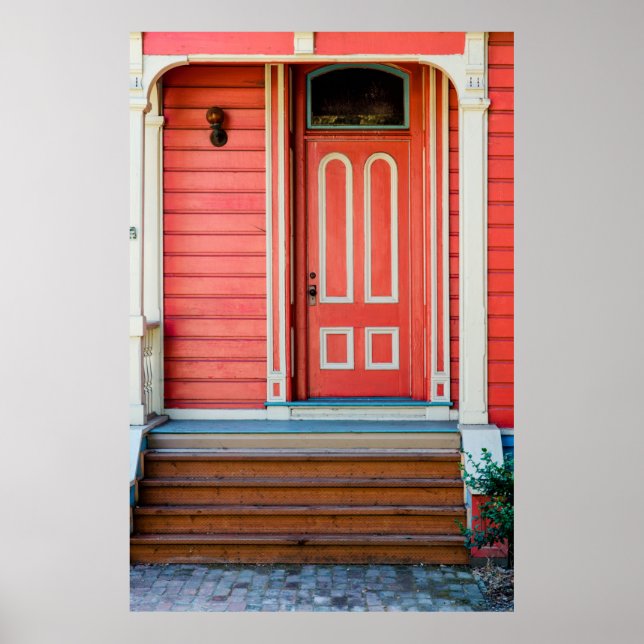Póster Puerta y porche de madera pintada de rojo tradicio (Frente)