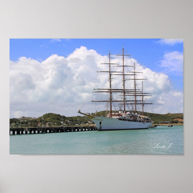 Póster Puerto con velero impreso en Antigua (Frente)