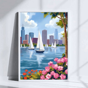 Póster Puerto de Boston en primavera Bahía de Barcos en