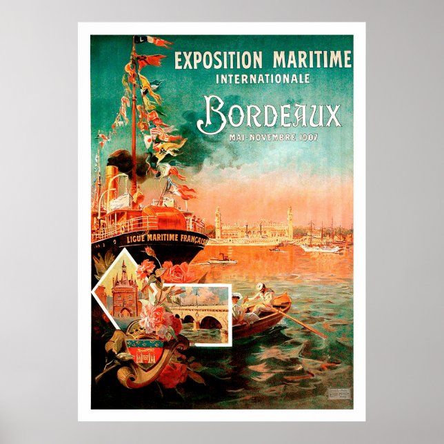 Póster puerto de la ciudad de Burdeos, Francia, barco tur (Frente)