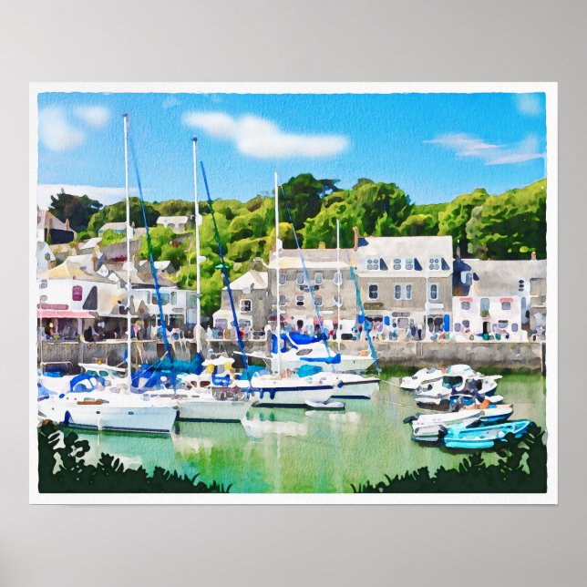 Póster Puerto de Padstow en Cornwall UK, acuarela. (Frente)