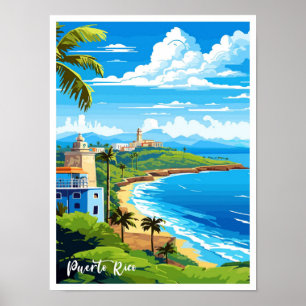 Póster Puerto Rico Beach Art Vintage Travel Ilustracion
