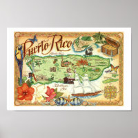 Puerto Rico Map Colorful Vintage Print