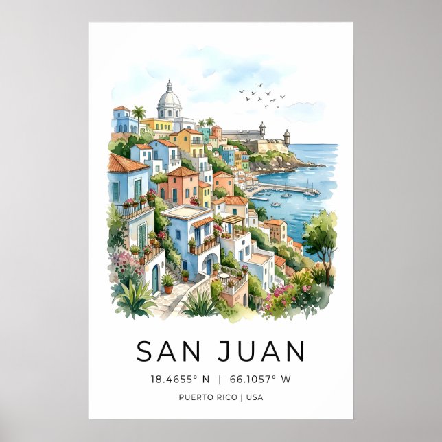 Póster Puerto Rico Watercolor Print San Juan Harbor Scene (Frente)