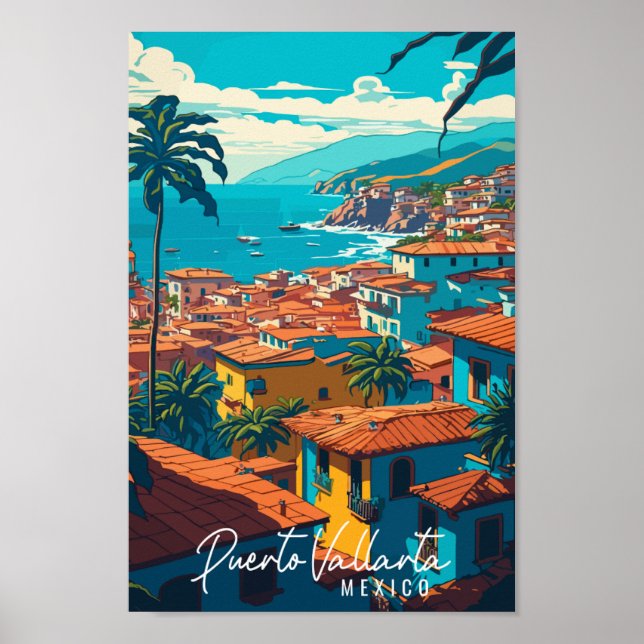 Póster Puerto Vallarta México ilustracion de viajes vinta (Frente)