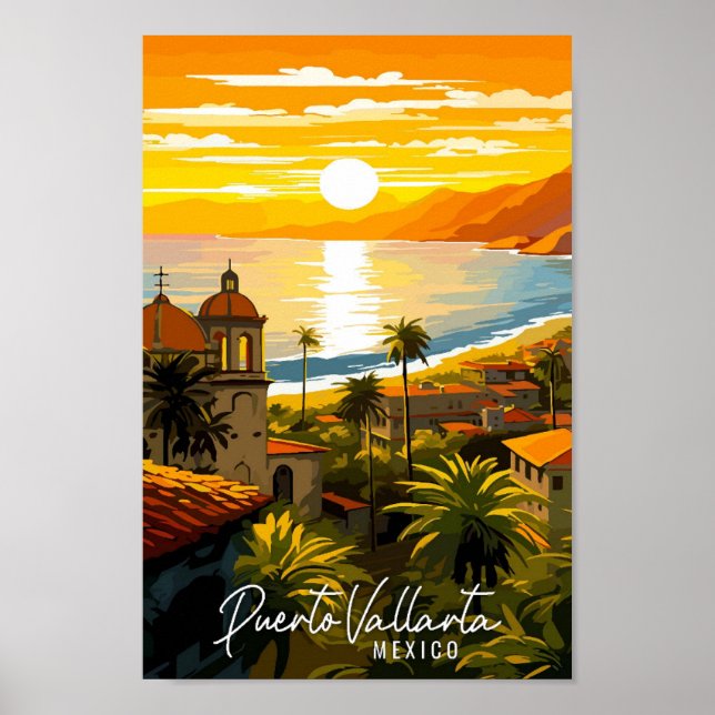 Póster Puerto Vallarta México ilustracion de viajes vinta (Frente)