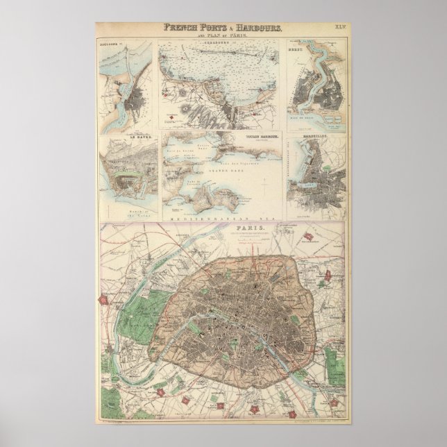Póster Puerto y plan de París en Francia (Frente)