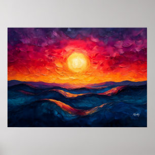 Póster Puesta de sol abstracta vívida sobre olas ondulada