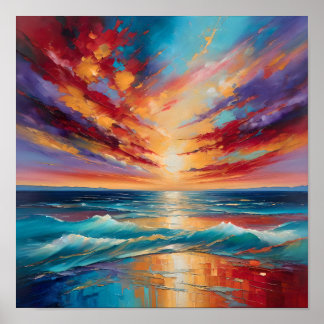 Póster Puesta de sol ardiente sobre las olas del océano –