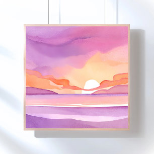 Póster Puesta de sol con acuarela rosa Cielo oceánico h