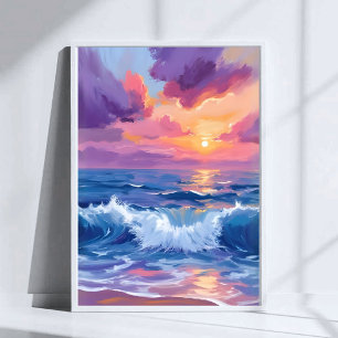 Póster Puesta de sol con rubor púrpura Acuarela de agua