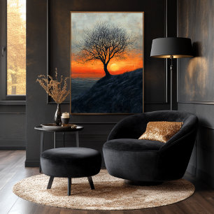 Póster Puesta de sol de árbol solitario en carbón y tonos