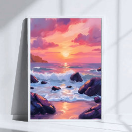 Póster Puesta de sol de coral rosa | Olas del océano acua