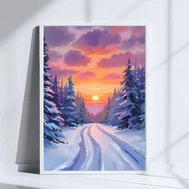 Póster Puesta de sol de nieve | paisaje montañoso de invi
