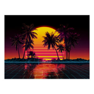Póster Puesta de sol de palma de rejilla de neón