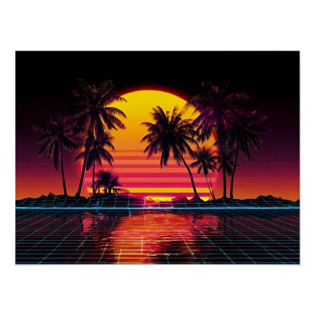 Póster Puesta de sol de palma de rejilla de neón (Anverso)
