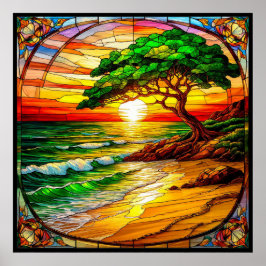 Póster Puesta de sol de vidrio tintado colorido sobre la 