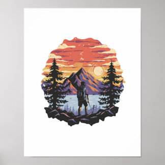 Póster Puesta de sol detrás de árboles y montañas