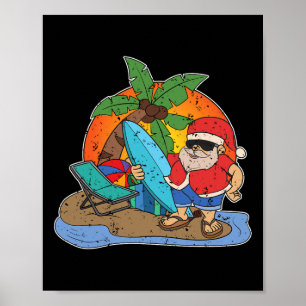 Póster Puesta de sol Divertido Papá Noel Surfista Navidad