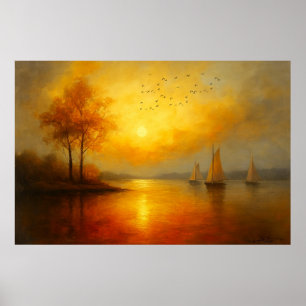 Póster Puesta de sol dorada con árboles de otoño y velero