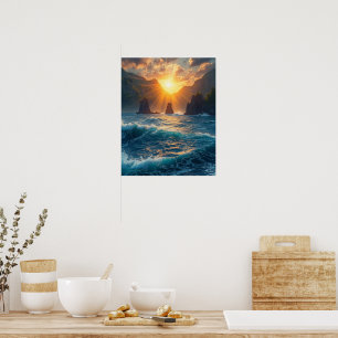Póster Puesta de sol dorada montaña costera naturaleza