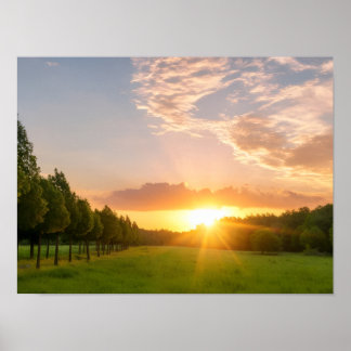 Póster Puesta de sol dorada sobre campo verde con avenida