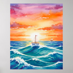 Póster Puesta de sol en barco Océano Colorido Acuarela Br