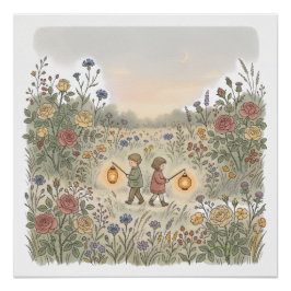 Póster Puesta de sol en el campo de flores
