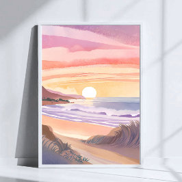 Póster Puesta de sol en el mar rosado | Pintura en acuare