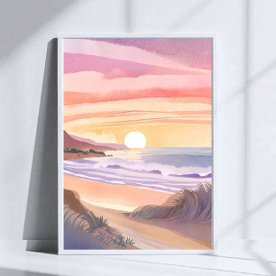 Póster Puesta de sol en el mar rosado   Pintura en acuare