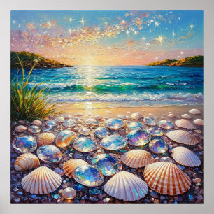 Póster Puesta de sol en el océano con conchas marinas y j