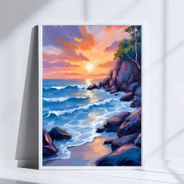 Póster Puesta de sol en la bahía del océano | Acuarela de