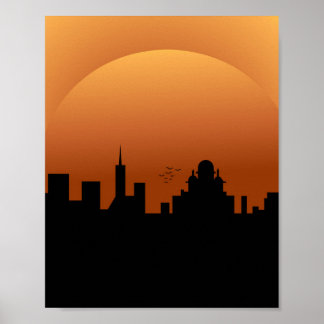 Póster puesta de sol en la ciudad