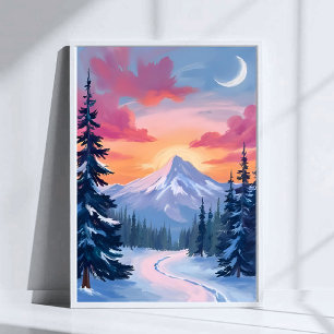 Póster Puesta de sol en la cumbre nevada   Pintura de pai