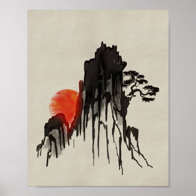 Póster Puesta de sol en la montaña japonesa - sumi-e (Frente)