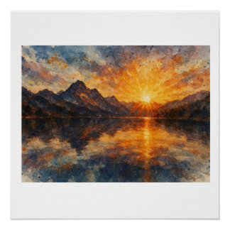 Póster Puesta de sol en la montaña sobre el lago,