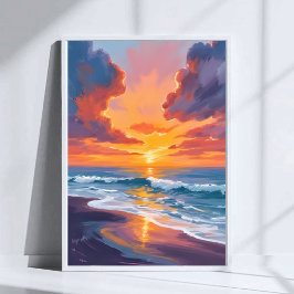 Póster Puesta de sol en la playa acuarela pintura del océ
