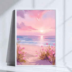Póster Puesta de sol en la playa con rubor rosa acuarela 