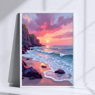 Póster Puesta de sol en la playa de color rosa pastel ola