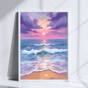 Póster Puesta de sol en la playa de lavanda púrpura acuar