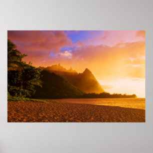 Póster Puesta de sol en la playa dorada, Hawái