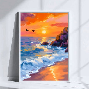 Póster Puesta de sol en Orange Beach Pintura costera