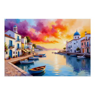 Póster Puesta de sol en pueblo costero mediterráneo
